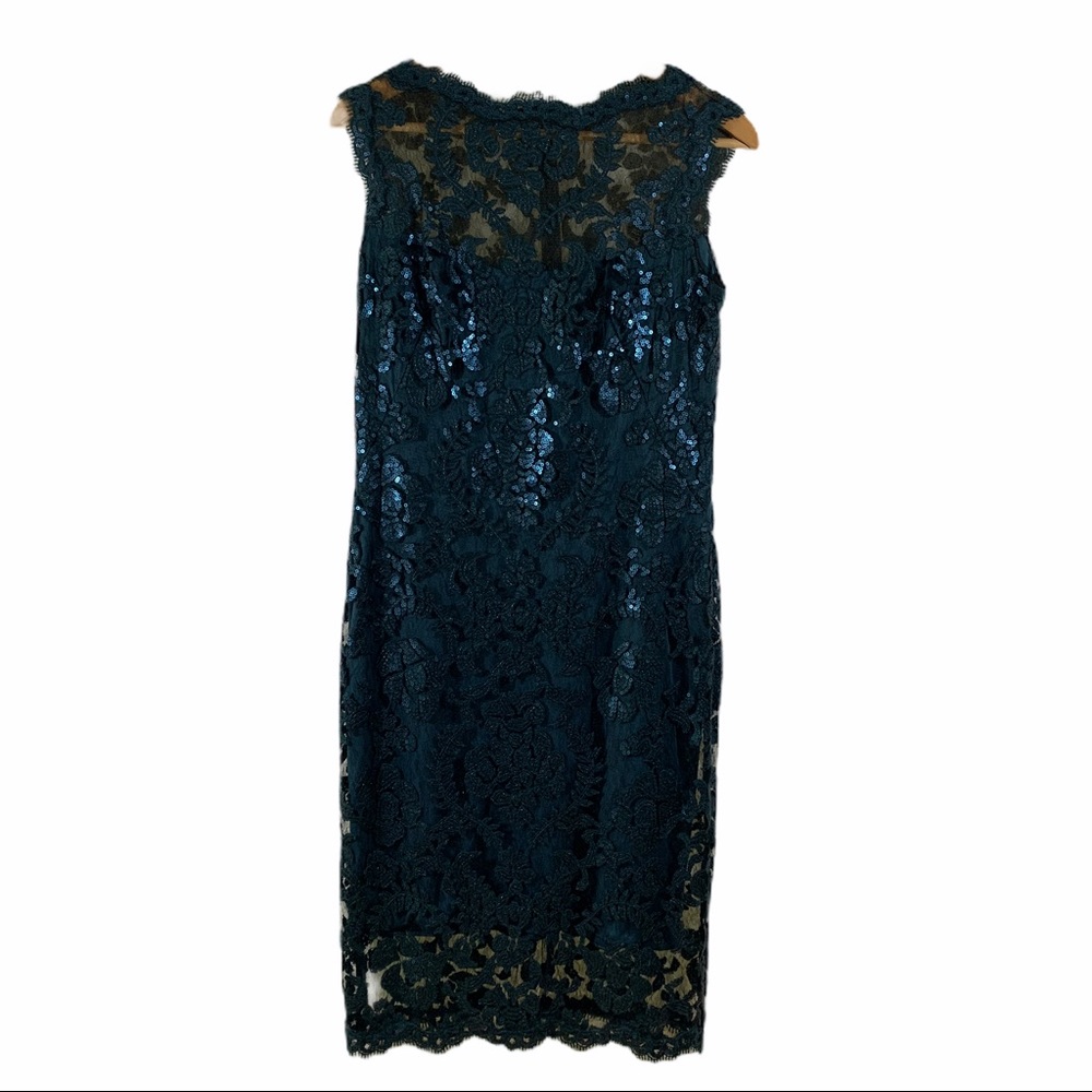 Tadashi Shoji Navy Teal Lace Sequin Sheath Dress